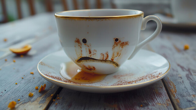 Caf&eacute; Kaffeetasse mit traurigem Gesicht zerbrochene Tasse Kaffe l&auml;uft aus Fleck auf dem Tisch mit Emoji zerbrochen schlechter Start in den Tag Generative AI