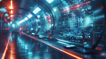 A futuristic tech blurry background with colors blue and turquoise neon colors. Computers, phones, tech lab on background. Generative AI.