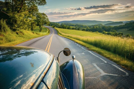 A nostalgic portrait of a vintage car cruising down a winding country road