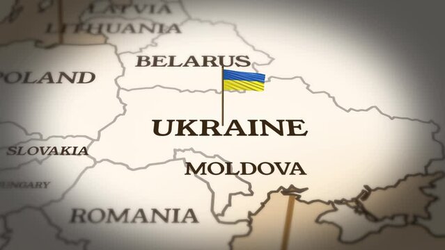 Ukraine flag showing on world map with 3d rendering