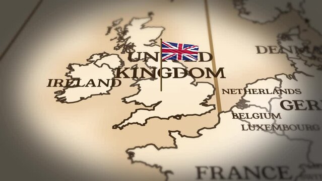 United Kingdom flag showing on world map with 3d rendering