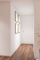 3d render illustration of interior corridor with plant and frame mock up. Wood parquet floor, beige...