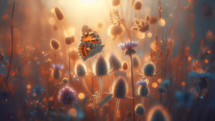  A Lady Butterfly Amidst Blooming Wildflowers Bathed in Sunset’s Warm Embrace