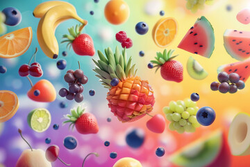 3D cartoon of flying fruits including banana, cherry, pineapple, watermelon, orange, blueberry, strawberry and peach in the air 