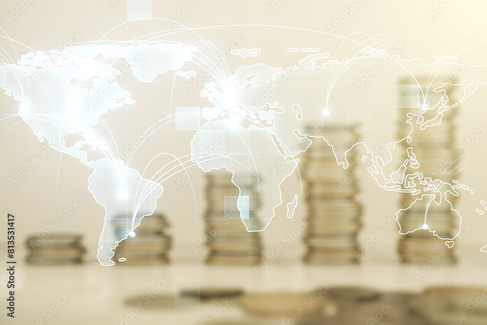 Poster abstract graphic digital world map hologram with connections on coins background, globalization conc