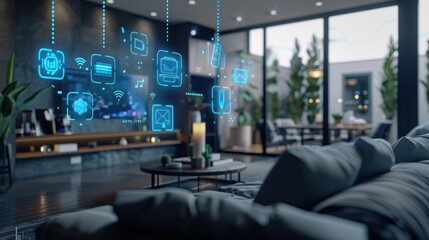 Smart home interior with connected devices icons. Modern technology concept.