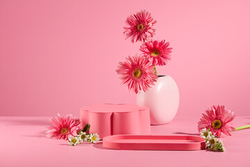 Photo for advertise products derived from flowers with an empty podium and tray placed on table...