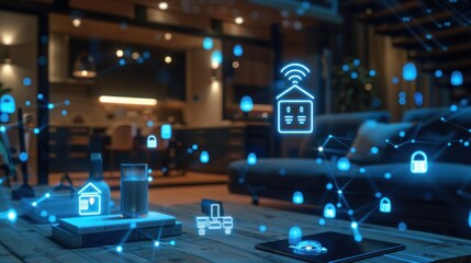 Smart home interior with connected devices icons. Modern technology concept.