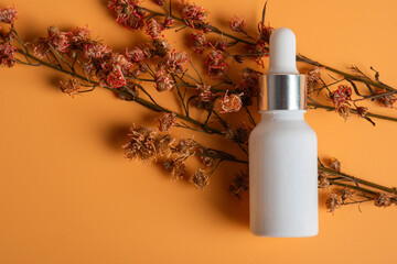 Cosmetic product in tube, bottle, lotion or serum and dried flowers on cream background. 