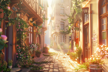 Fototapeta premium A 3d game style of a beautiful european street with warm sunlight, for background 