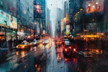 Rainy City Street View Through a Wet Window,View of a busy city street during a rainstorm, seen through a window covered in raindrops, capturing the urban glow and reflections.

