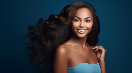Fototapeta premium Beautiful, sexy, happy smiling dark-skinned African American woman with perfect skin and long hair, on a blue background, banner.