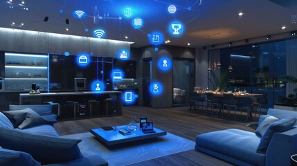 Smart home interior with connected devices icons. Modern technology concept.