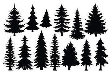 Set of Pine Tree Silhouettes black Silhouette Design with white Background and Vector Illustration on white background