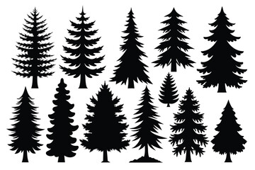 Set of Pine Tree Silhouettes black Silhouette Design with white Background and Vector Illustration on white background