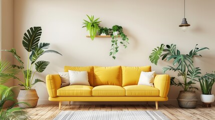 Beige living room interior with yellow sofa and plants