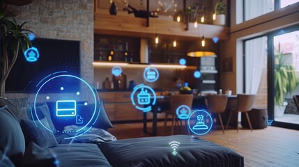 Sleek smart home interior showcasing connected device symbols. Cutting-edge technology.