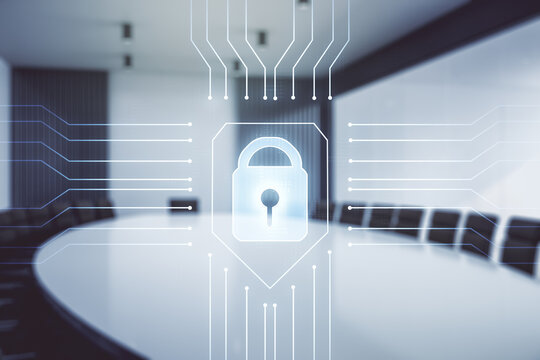 Virtual creative lock symbol and microcircuit illustration on a modern conference room background. Protection and firewall concept. Multiexposure