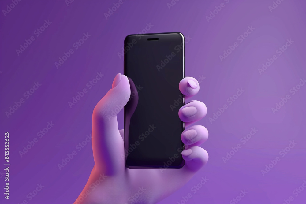 Poster 3d hand holding a mobile phone cartoon character index finger in realistic style isolated on purple 