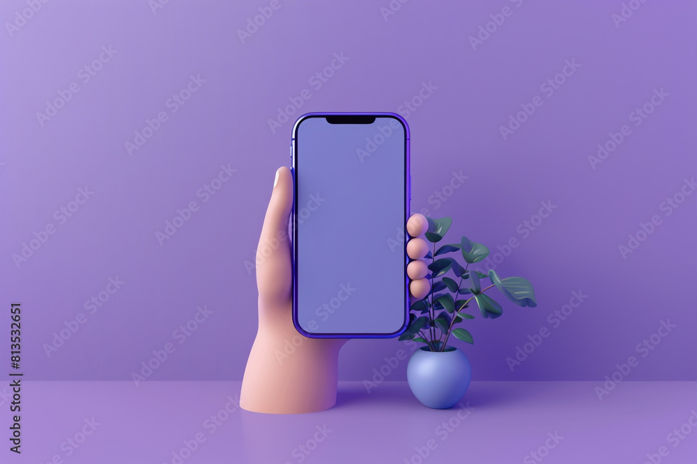 Poster 3d hand holding a mobile phone cartoon character index finger in realistic style isolated on purple 