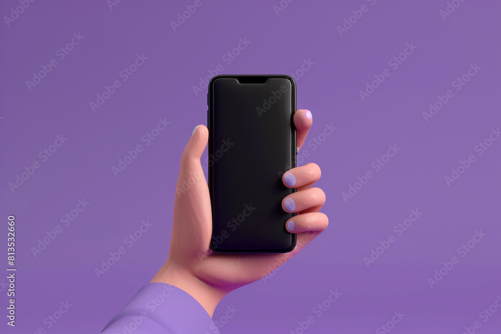 Poster 3d hand holding a mobile phone cartoon character index finger in realistic style isolated on purple 