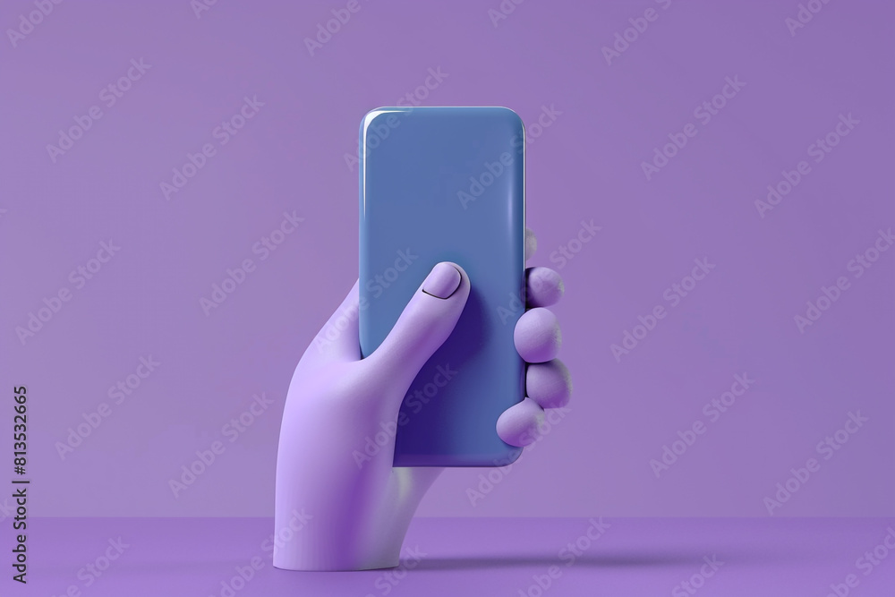 Poster 3d hand holding a mobile phone cartoon character index finger in realistic style isolated on purple 