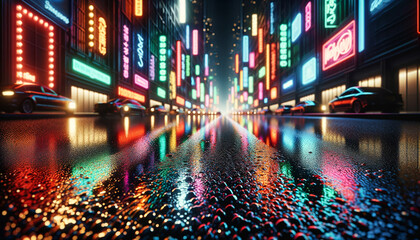 Obraz premium Neon Reflections on Wet Asphalt 