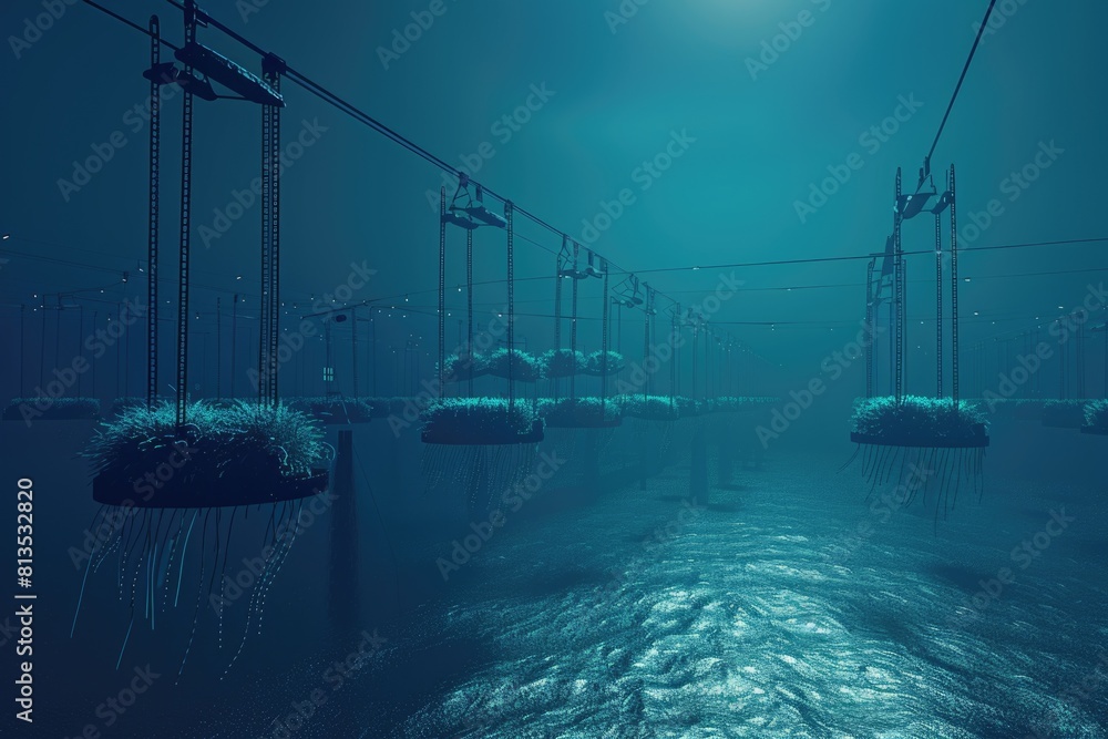 Poster a row of power lines stretching over a calm body of water. suitable for energy or infrastructure con