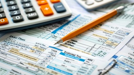 A sharp pencil lies on top of a tax return form close to an orange calculator, indicating financial planning or tax filing