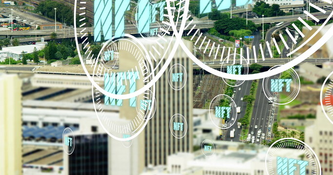 Image of digital interface over cityscape