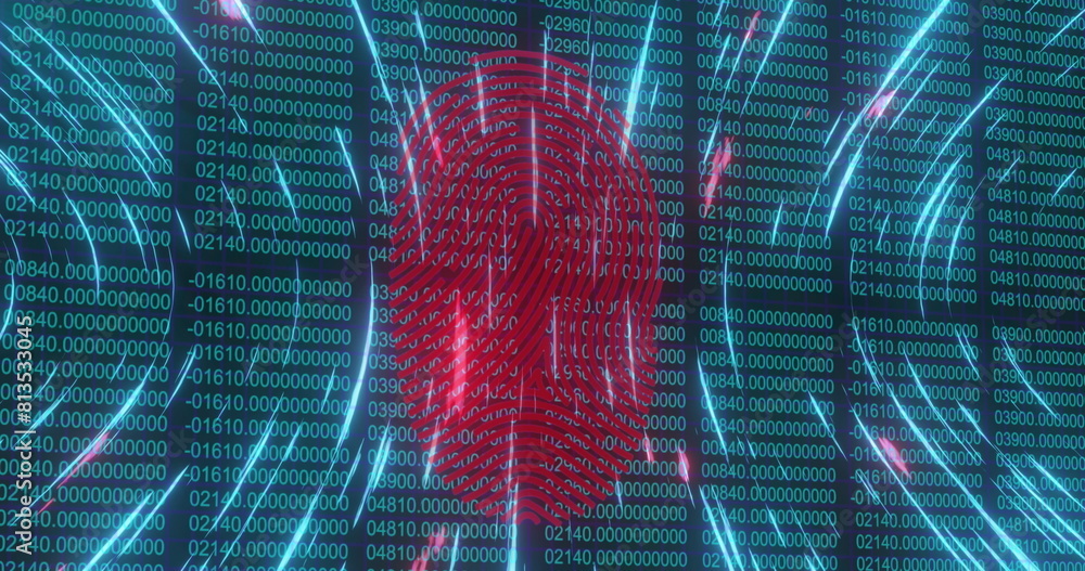 Aufkleber image of biometric fingerprint scanner and spinning light trails against binary coding