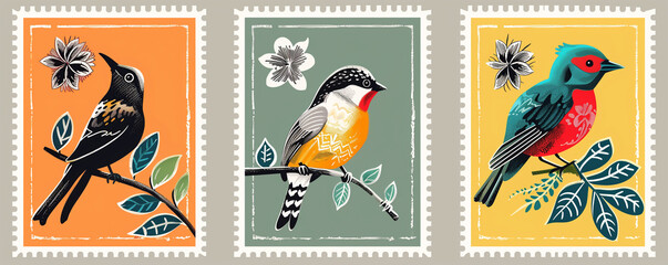 Obraz premium Set of old postage stamps with birds, row of vintage collection stamps, generated ai