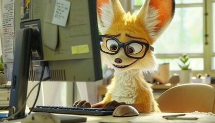 Animated fox character using a computer in an office setting, technology and learning theme
