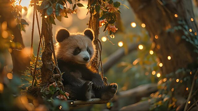 Cute baby panda on a swing. Created with Generative AI
