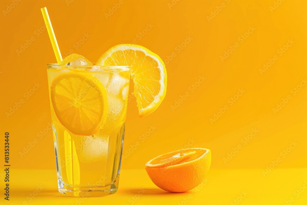 Aufkleber refreshing glass of lemonade with a juicy orange on the side. perfect for summer beverage concepts