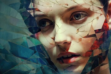 An image of attractive young beautiful woman with crystalline structures covering face. Abstract and futuristic beauty concept. Fashion and modern design for creative print and digital artwork. AIG35.