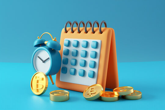 3d icon of a calendar and an alarm clock with gold coins in a cartoon style the concept of business planning and timely payment illustration 