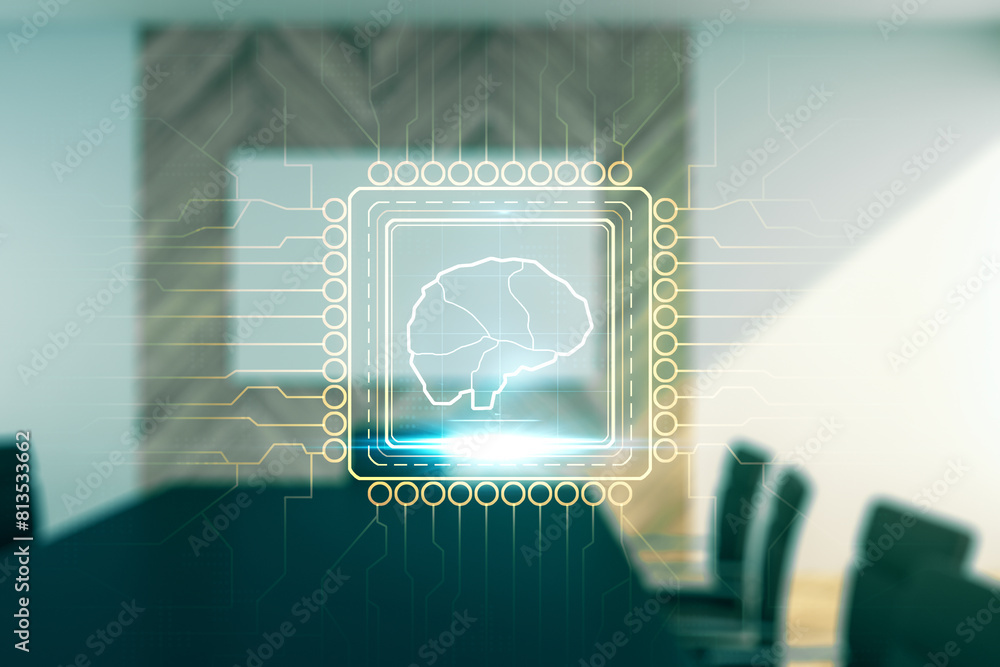 Aufkleber virtual creative artificial intelligence hologram with human brain sketch on a modern coworking room
