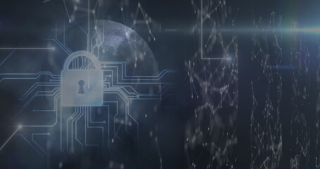 Image of connections, lights and integrated circuit with globe on black background