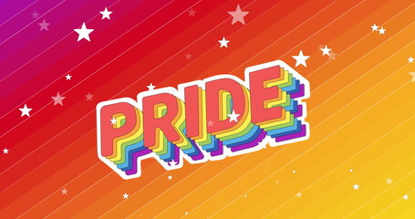 Image of pride text in rainbow colours with white stars falling on colourful background