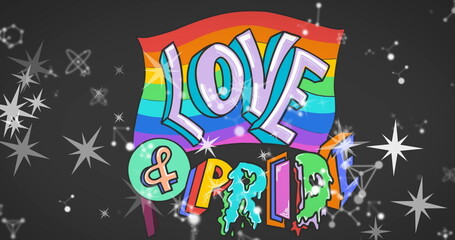 Obraz premium Image of love and pride text with rainbow flag and white stars on black background