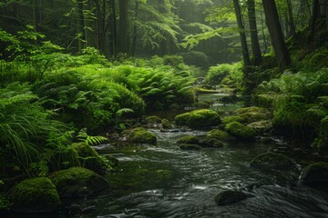 A tranquil forest stream winding through moss-covered rocks and lush greenery