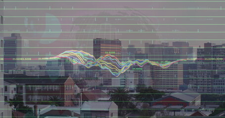 Image of finacial data processing over cityscape