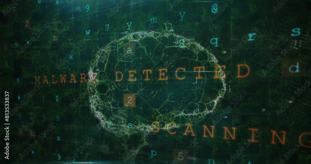 Poster image of alphabets, numbers over digital brain with padlock and circuit board pattern
