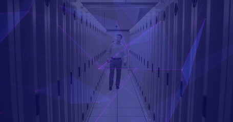 Image of moving shapes and caucasian male worker over server room
