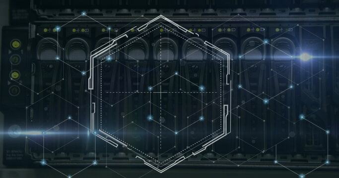 Image of moving shapes over server room - Powered by Adobe