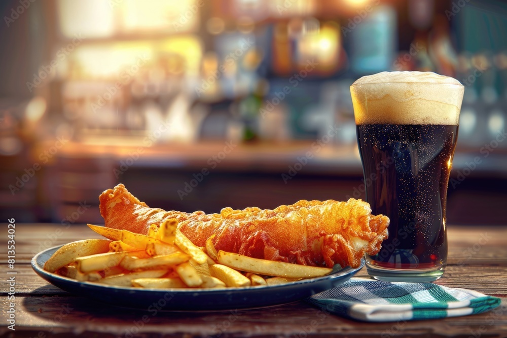 Poster a plate of fries and a beer on a table. perfect for food and beverage concepts