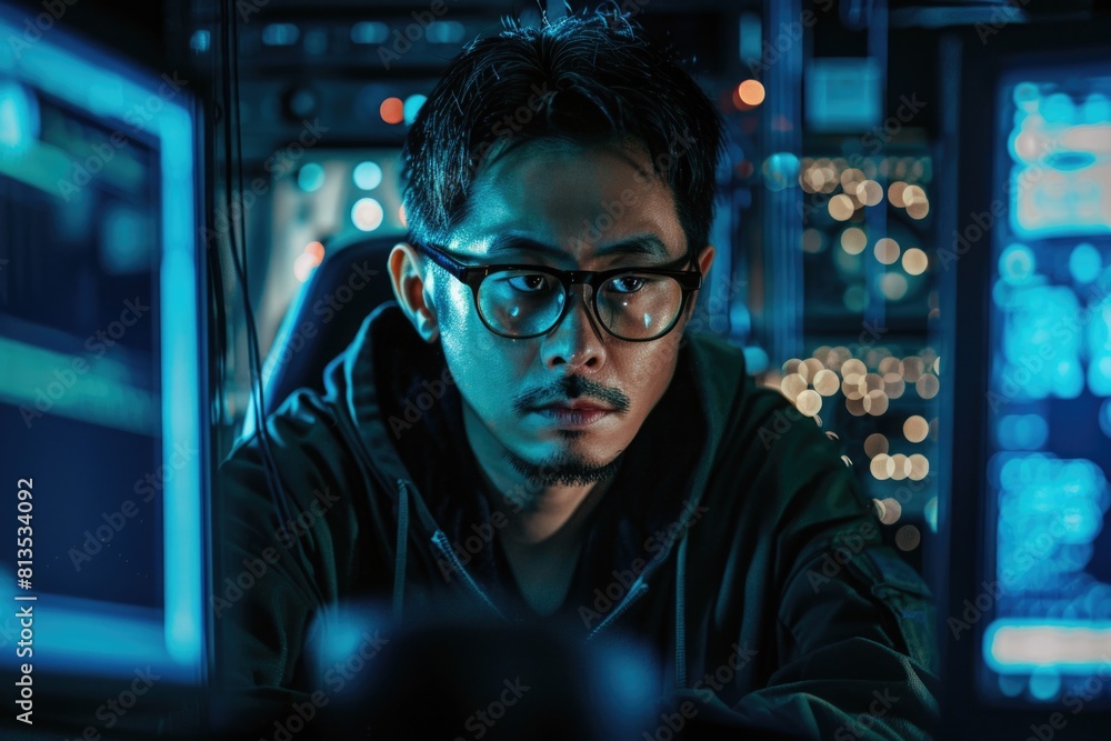 Aufkleber a man wearing glasses sitting in front of a computer. suitable for technology concepts