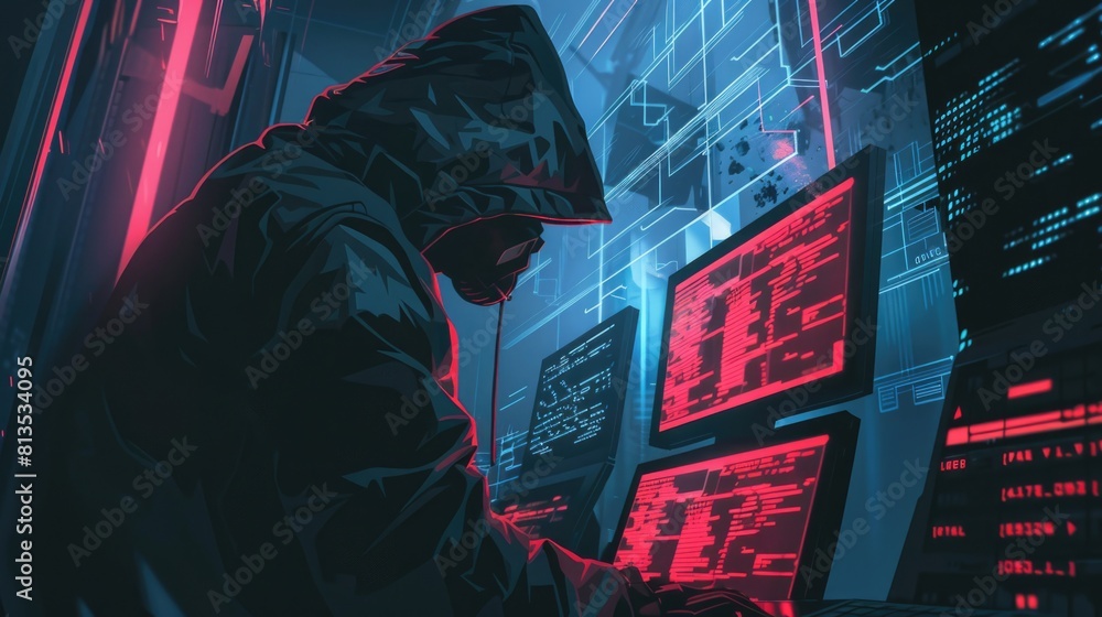 Aufkleber A man in a hoodie focused on his computer screen. Suitable for technology and cybersecurity concepts