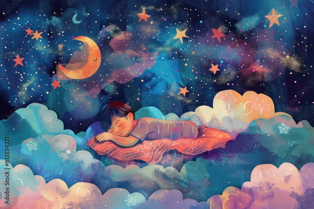 Poster a peaceful image of a child sleeping on a fluffy cloud, perfect for dreamy concepts